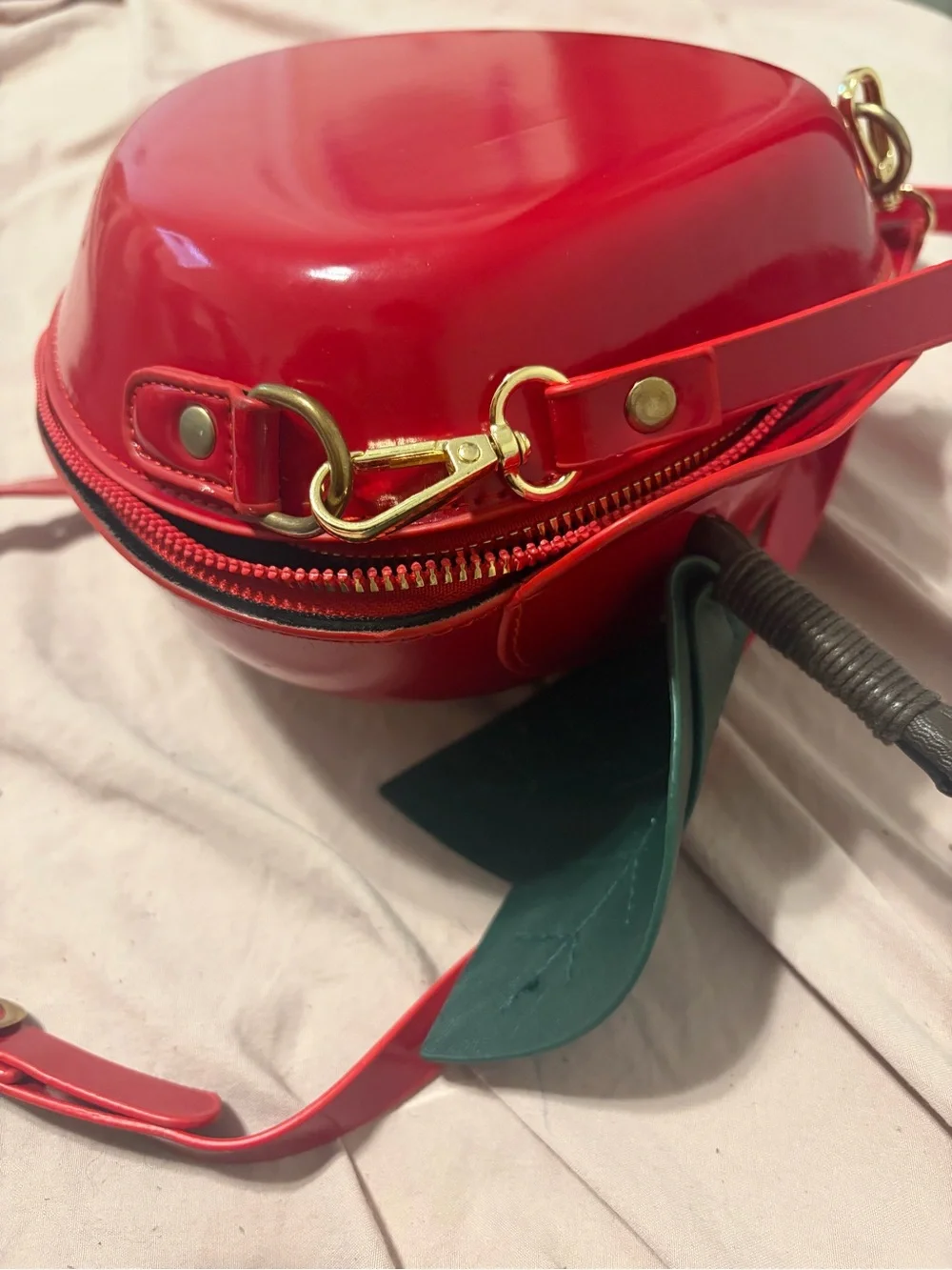 Red Apple Crossbody Bag with Green Leaf Accent
